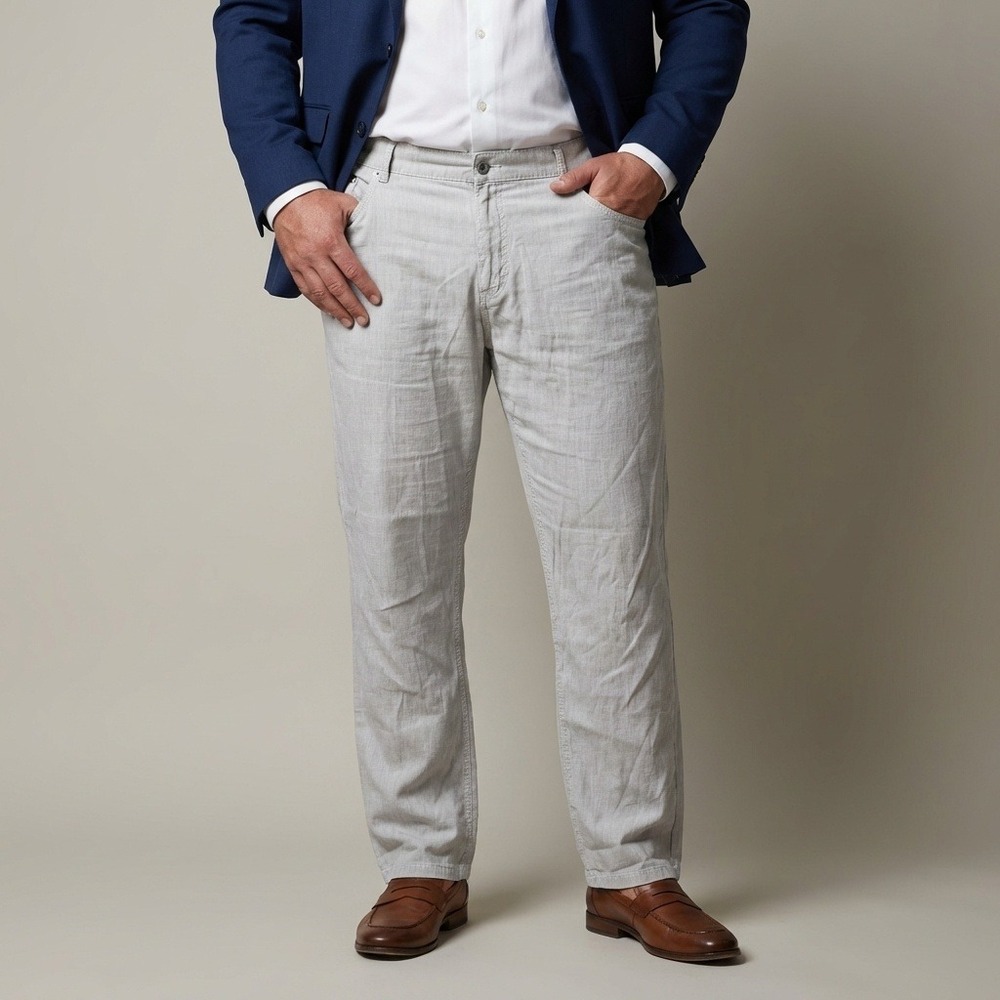 Brax Cooper Regular Fit Pants‎ Mens 38/32 Light Grey Cotton Stretch Micro Check